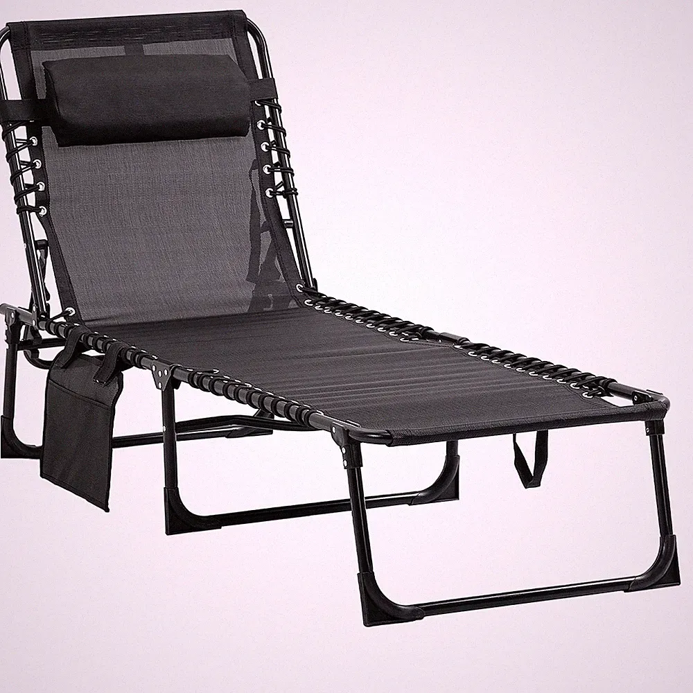 Chaise Recliner Lounge Chair Foldable with Padded Headrest 72.75in Black