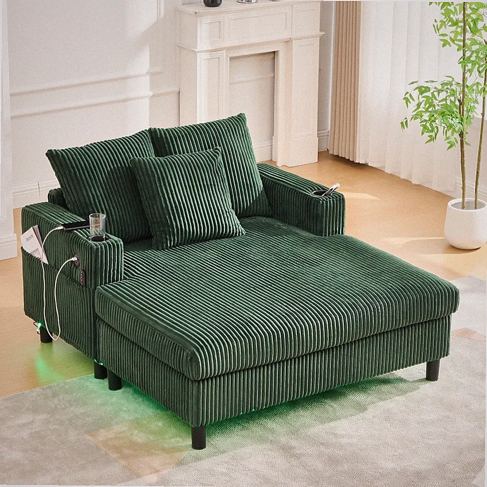 Corduroy Recliner Sofa w/ USB Charging, Cup Holders, LED Lights for Living Room