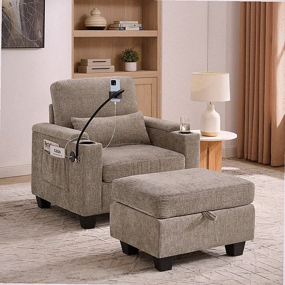 Manual Brown Recliner Sofa Chair with USB Port, Cup Holders & Ottoman