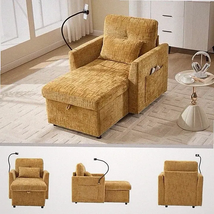 Mustard Yellow Multifunctional Recliner Sofa with Phone Holder & Storage