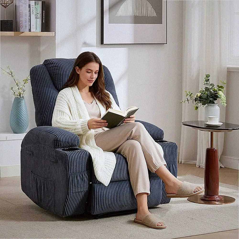 Recliner Chair Electric Massage Heated, 135° Adjustable with Cup Holders Blue