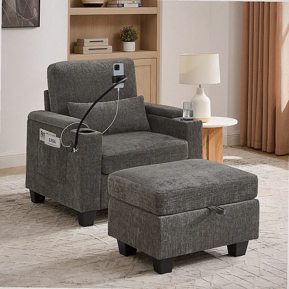 Single sofa recliner with manually adjustable backrest, USB charging port on t